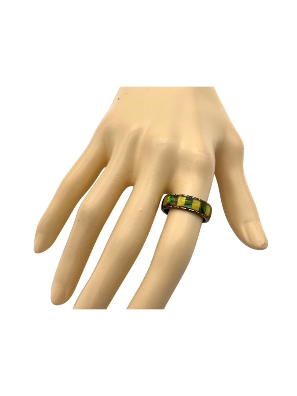 Abalone MOP and Abalone Pinky Band 10K Gold Plate Ring Sz 7s Green/Blue/Yellow